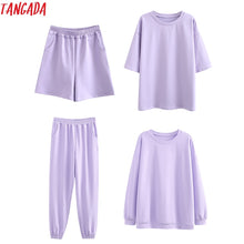 Load image into Gallery viewer, Tangada 2020 Autumn Women Terry 95% cotton suit oversized 4 pieces sets o neck hoodies sweatshirt shorts pants suits 6L30
