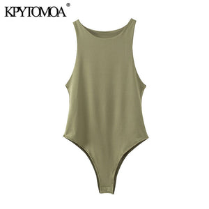 KPYTOMOA Women 2020 Sexy Fashion Stretchy Slim Solid Bodysuits Vintage O Neck Sleeveless Female Playsuits Chic Tops