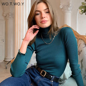 WOTWOY Slim Fit Turtleneck Ruffles Sweater Women Solid Knitted Bottoming Pullovers Women Butterfly Sleeve Jumpers Female Autumn