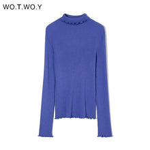 Load image into Gallery viewer, WOTWOY Slim Fit Turtleneck Ruffles Sweater Women Solid Knitted Bottoming Pullovers Women Butterfly Sleeve Jumpers Female Autumn
