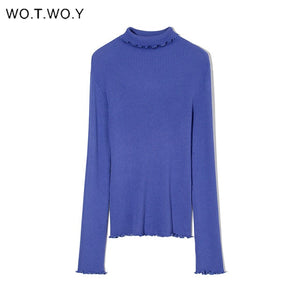 WOTWOY Slim Fit Turtleneck Ruffles Sweater Women Solid Knitted Bottoming Pullovers Women Butterfly Sleeve Jumpers Female Autumn