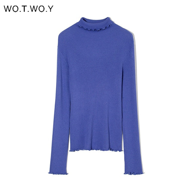 WOTWOY Slim Fit Turtleneck Ruffles Sweater Women Solid Knitted Bottoming Pullovers Women Butterfly Sleeve Jumpers Female Autumn