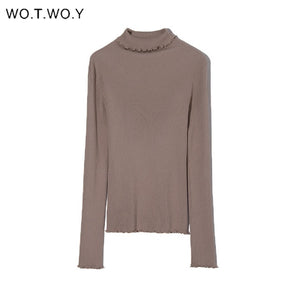 WOTWOY Slim Fit Turtleneck Ruffles Sweater Women Solid Knitted Bottoming Pullovers Women Butterfly Sleeve Jumpers Female Autumn