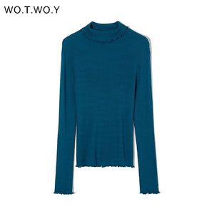 WOTWOY Slim Fit Turtleneck Ruffles Sweater Women Solid Knitted Bottoming Pullovers Women Butterfly Sleeve Jumpers Female Autumn