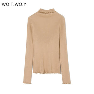 WOTWOY Slim Fit Turtleneck Ruffles Sweater Women Solid Knitted Bottoming Pullovers Women Butterfly Sleeve Jumpers Female Autumn