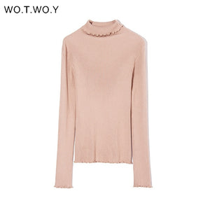 WOTWOY Slim Fit Turtleneck Ruffles Sweater Women Solid Knitted Bottoming Pullovers Women Butterfly Sleeve Jumpers Female Autumn