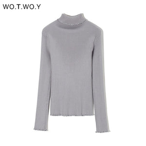 WOTWOY Slim Fit Turtleneck Ruffles Sweater Women Solid Knitted Bottoming Pullovers Women Butterfly Sleeve Jumpers Female Autumn