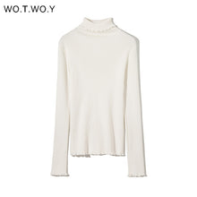 Load image into Gallery viewer, WOTWOY Slim Fit Turtleneck Ruffles Sweater Women Solid Knitted Bottoming Pullovers Women Butterfly Sleeve Jumpers Female Autumn
