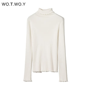 WOTWOY Slim Fit Turtleneck Ruffles Sweater Women Solid Knitted Bottoming Pullovers Women Butterfly Sleeve Jumpers Female Autumn