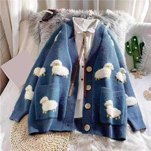 Load image into Gallery viewer, Knitted Sheep Print Pocket Women&#39;s Cardigan V Neck Long Sleeve Button Cartoon Female Sweater Autumn Loose Casual Lady Cardigans
