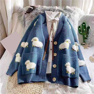 Knitted Sheep Print Pocket Women's Cardigan V Neck Long Sleeve Button Cartoon Female Sweater Autumn Loose Casual Lady Cardigans