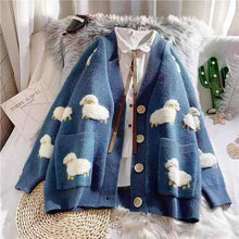 Load image into Gallery viewer, Knitted Sheep Print Pocket Women&#39;s Cardigan V Neck Long Sleeve Button Cartoon Female Sweater Autumn Loose Casual Lady Cardigans
