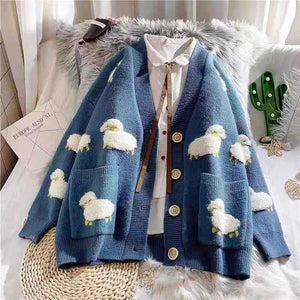 Knitted Sheep Print Pocket Women's Cardigan V Neck Long Sleeve Button Cartoon Female Sweater Autumn Loose Casual Lady Cardigans