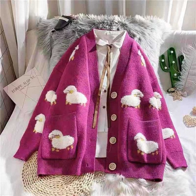 Knitted Sheep Print Pocket Women's Cardigan V Neck Long Sleeve Button Cartoon Female Sweater Autumn Loose Casual Lady Cardigans