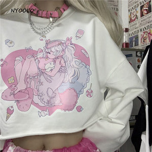 Harajuku kawaii cute cartoon Anime girl print long sleeve white hoody women sweet tops Autumn loose Pullovers sweatshirt